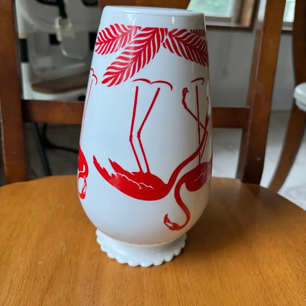 Vintage Red Flamingo Vase Anchor Hocking Vitrock Milk Glass 8